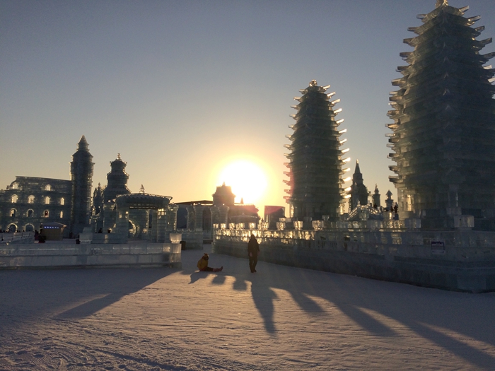 Ice and Snow World pagodas at sunset